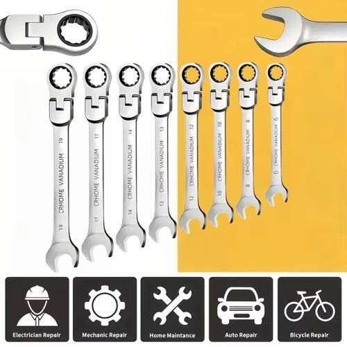 8 Piece Chrome Vanadium Steel Ratcheting Metric flex-head ratcheting combination