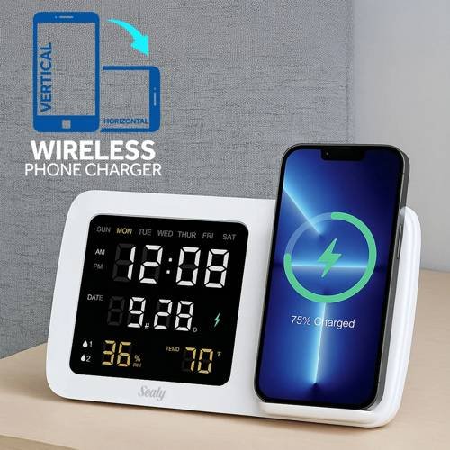 Wireless Phone Charging Stand with Alarm Clock, Calendar, Temp, Humidity Display